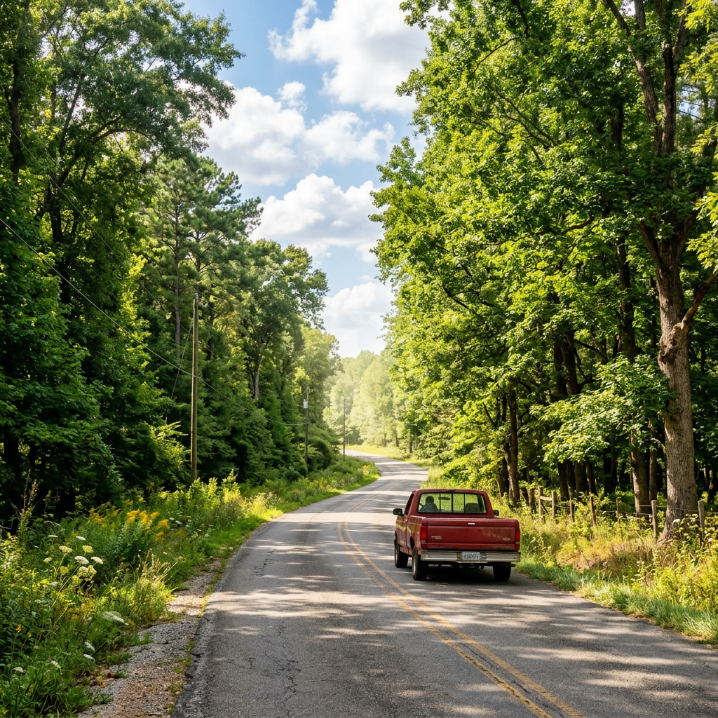 Red pickup truck driving on a winding road surrounded by green trees under blue sky