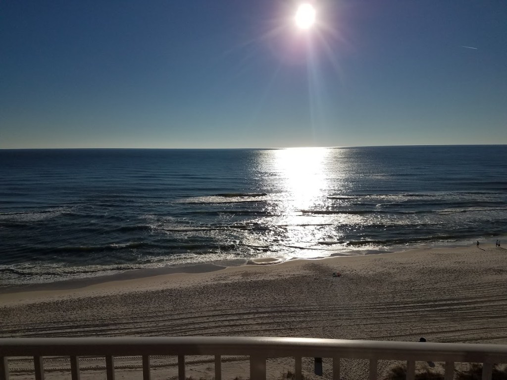 Winter sunlight reflecting across the Gulf beside a freshly groomed beach
